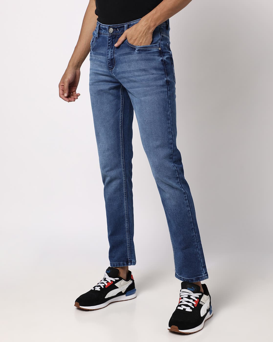 KNOBB JEANS Men Mid-Wash Slim Fit Mid-Rise Jeans For Men (Blue, 30)