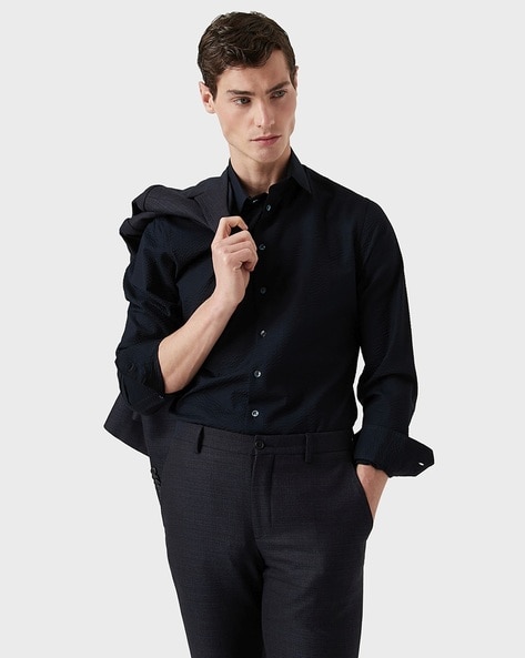 Buy GIORGIO ARMANI Tuxedo Shirt with Spread Collar | Navy Blue Color Men |  AJIO LUXE