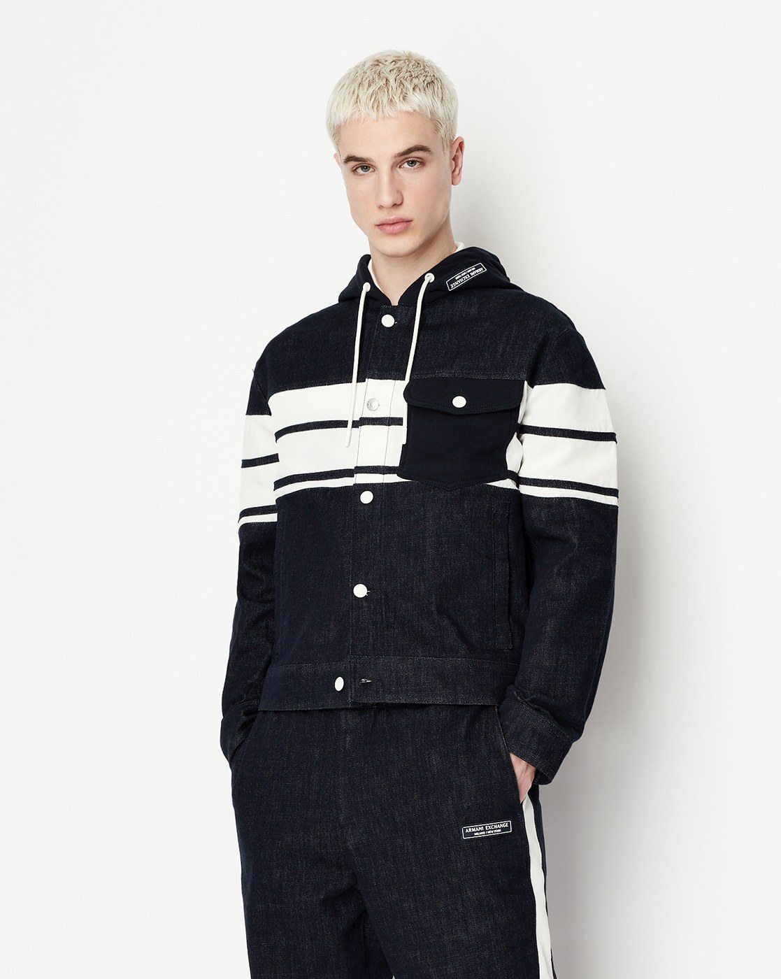 Placement Stripe Hooded Denim Jacket