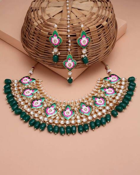 Shop Stone Work Necklace Set in Brown and Gold Online : 78617 -