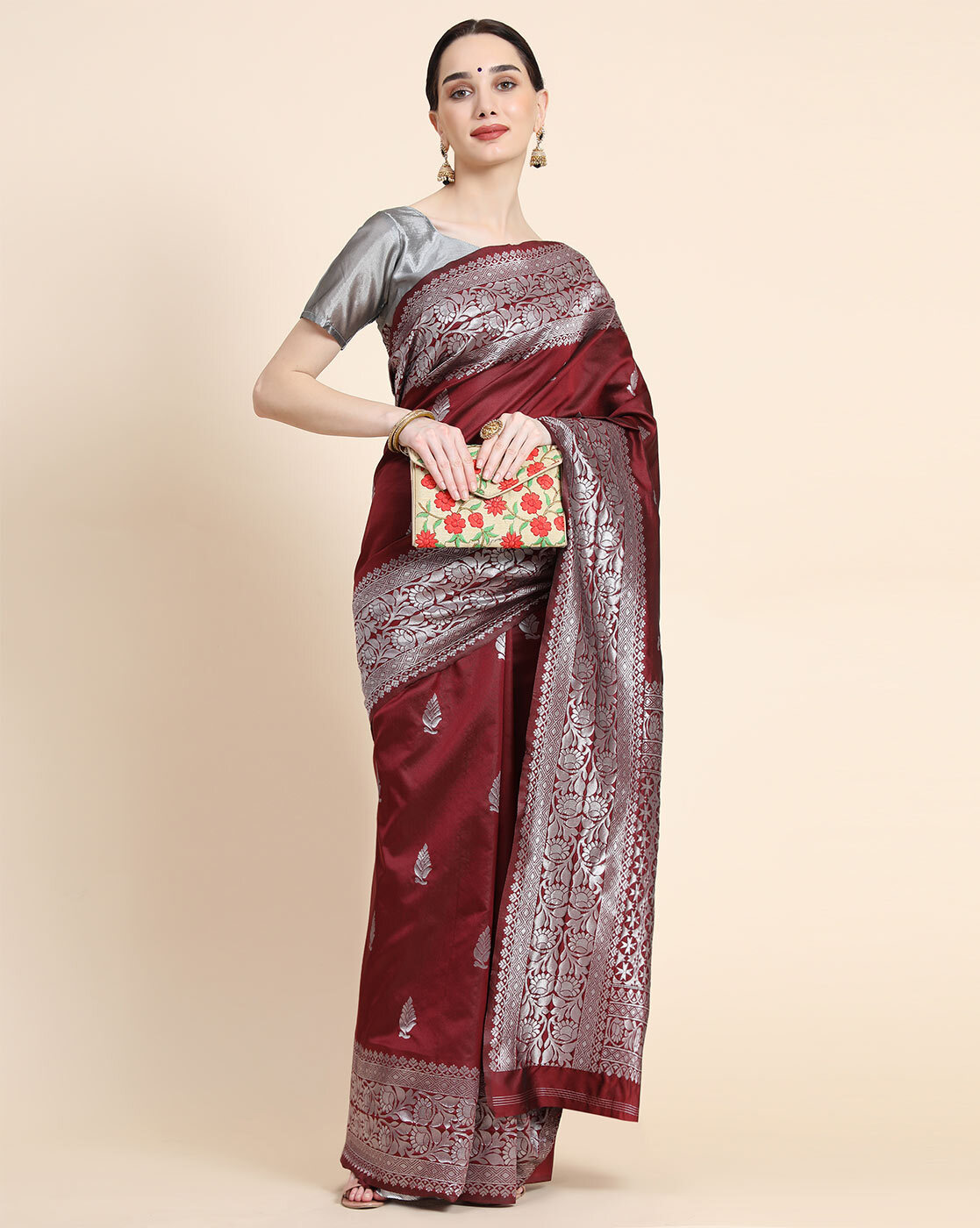 Buy NEW ARRIVALS Reddish Maroon Silk Cotton Saree With Silver Border South  Indian Saree Wedding Saree Sarees USA Custom Stitching Blouse Online in  India - Etsy