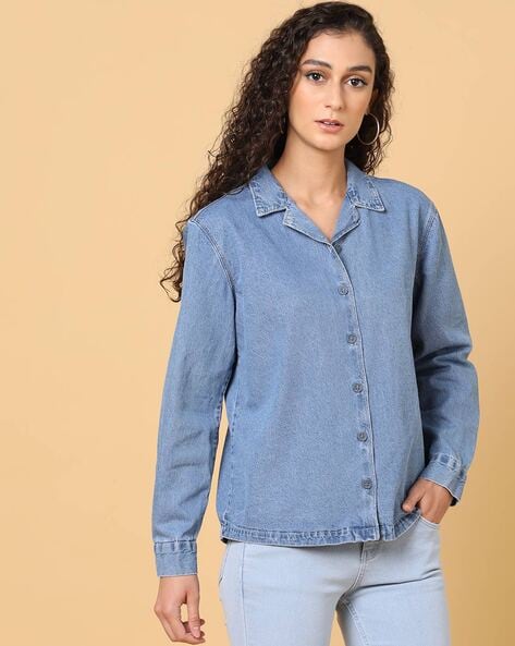 Kedera Womens Button Down Denim Shirt Chambray Casual Long Sleeve Collared  Boyfriend Jean Shirt With Pockets, Dark Blue, Medium : Amazon.ca: Clothing,  Shoes & Accessories