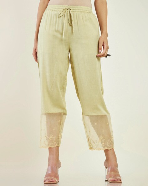 Beige Ankle-length Pants for Women with drawstring Waist and Lace