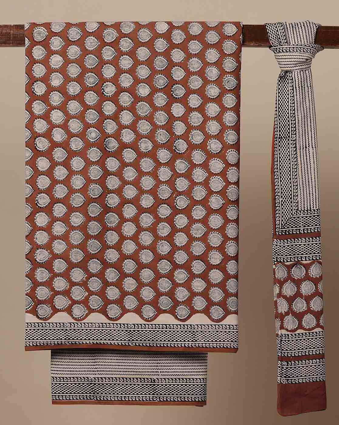 Handblock cotton bagru printed top bottom dress material code 1