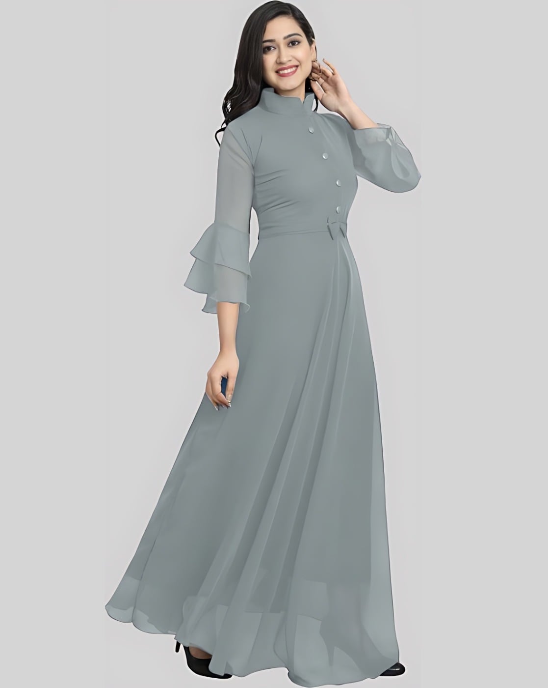 Layered frilled grey full length gown with asymmetric sleeves – Urban Codes  Clothing
