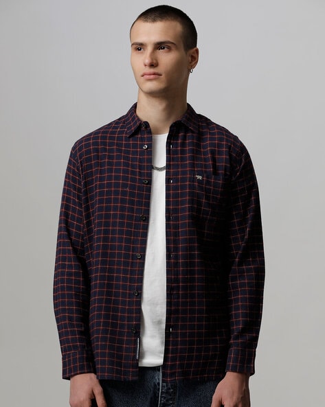 Checked Spread-Collar Shirt