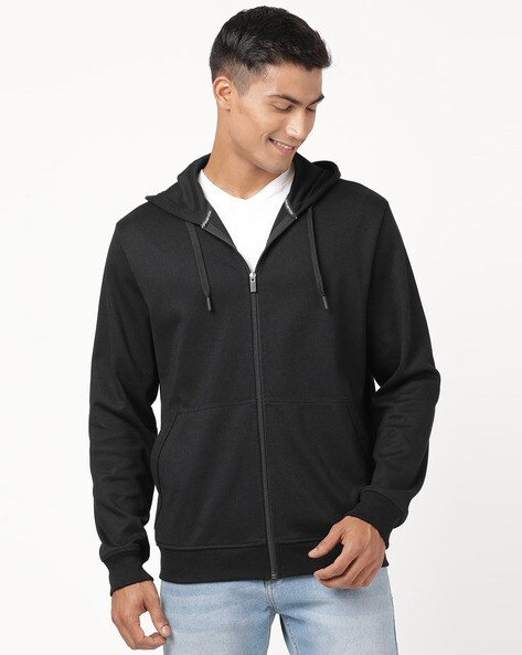 Black Colour Plain Casual Zipper & Hoodie Jacket