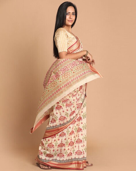 Ethnic cotton saree with contemporary floral appliquÃ© and finished with  handmade tassels | Sarees