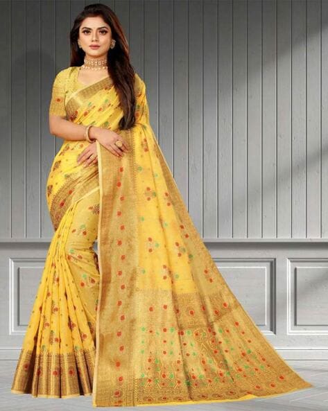 Yellow Floral Print Sarees: Buy Latest Designs Online | Utsav Fashion