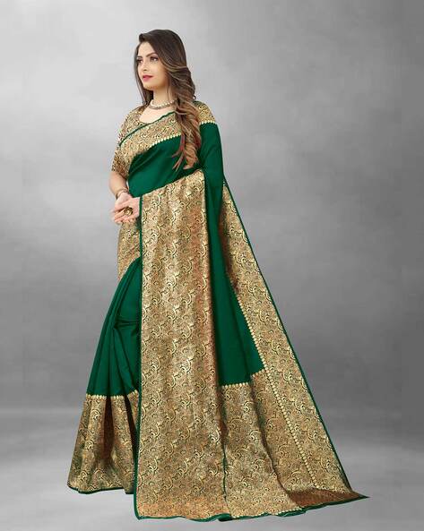 ZILIKAA Bottle Green Banarasi Uppada Silk Saree with Unstitched Blouse –  Nykaa Fashion