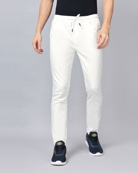 White Plain Solid Regular Fit Terry Rayon Pants For Men-hangkhonggiare.com.vn