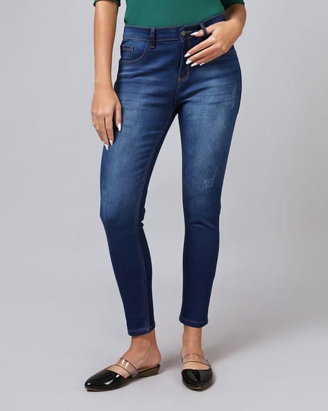 Mid-Wash Distress Skinny Fit Jeans