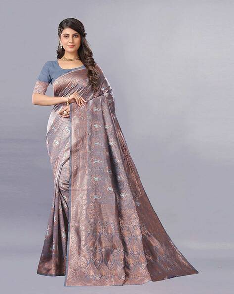 Embroidered Border Art Silk Saree in Light Grey : SGSA842