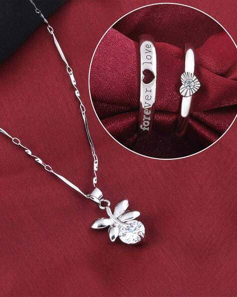 Silver-Plated Solitaire Adjustable Couple Rings and Pendant Chain