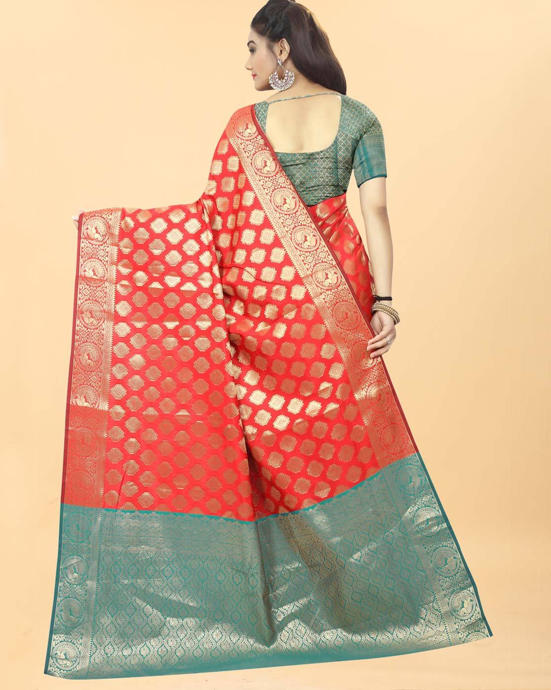 Banaras bridal katan small pattern saree in cyan & brown –  thebanarasiweavers