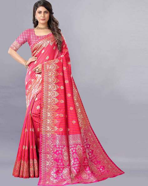 Embellished Pink Banarasi Silk bridal Saree With Blouse(Un-Stitched)