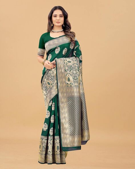 Bottle Green Banarasi Silk Saree - Urban Womania