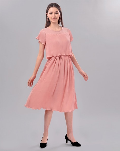 Buy Athena Women Peach Coloured Solid Fit And Flare Dress - Dresses for  Women 5559116 | Myntra