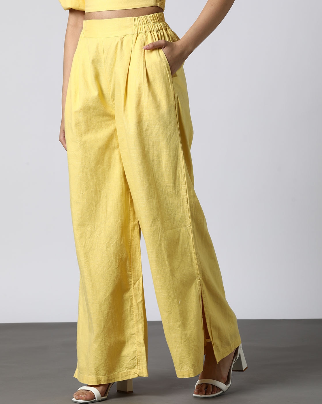 Lemon Yellow Cotton Flax Women Trousers