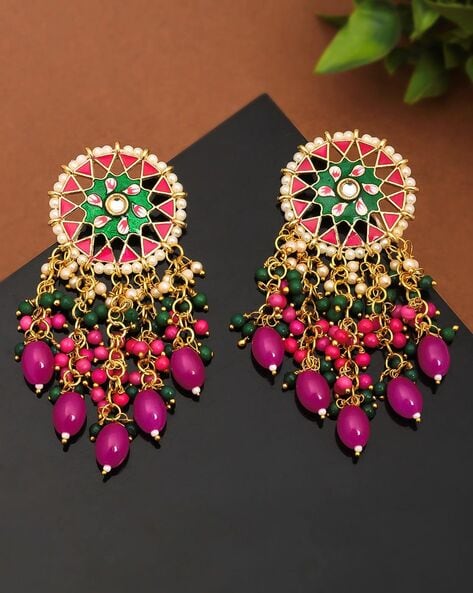 Buy Gold Plated Kundan and Pink Glass Jhumka Drop Earrings Online in USA –  Pure Elegance