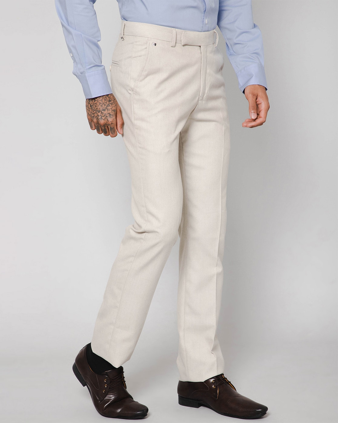Cream Heavy Brushed Cotton Stretch Side Tab Dress Pant  Custom Fit  Tailored Clothing