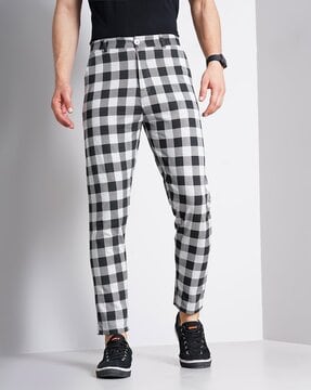 Grey Melange Aop Checked Tapered Trousers