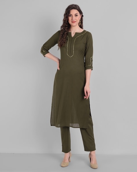 Preferable Dark Olive Green Colored Partywear Embroidered Rayon Kurti