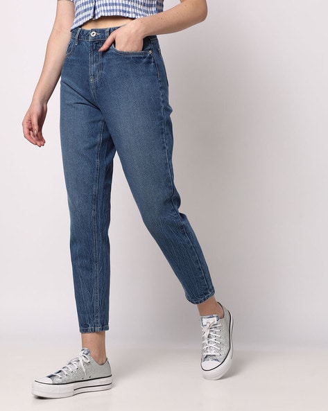 Lightly Washed Cropped Mom Jeans