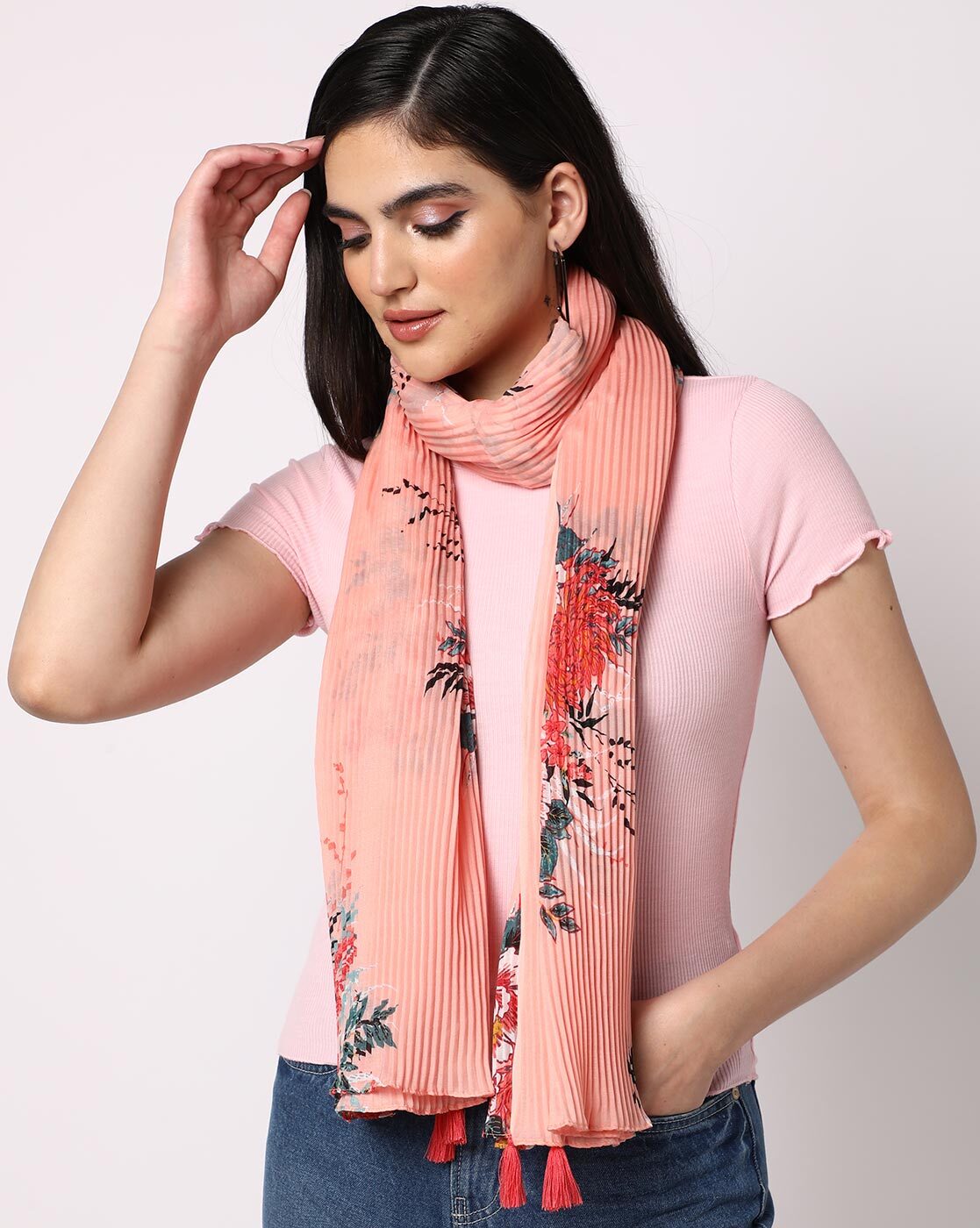 Women Floral Print Scarf with Tassels