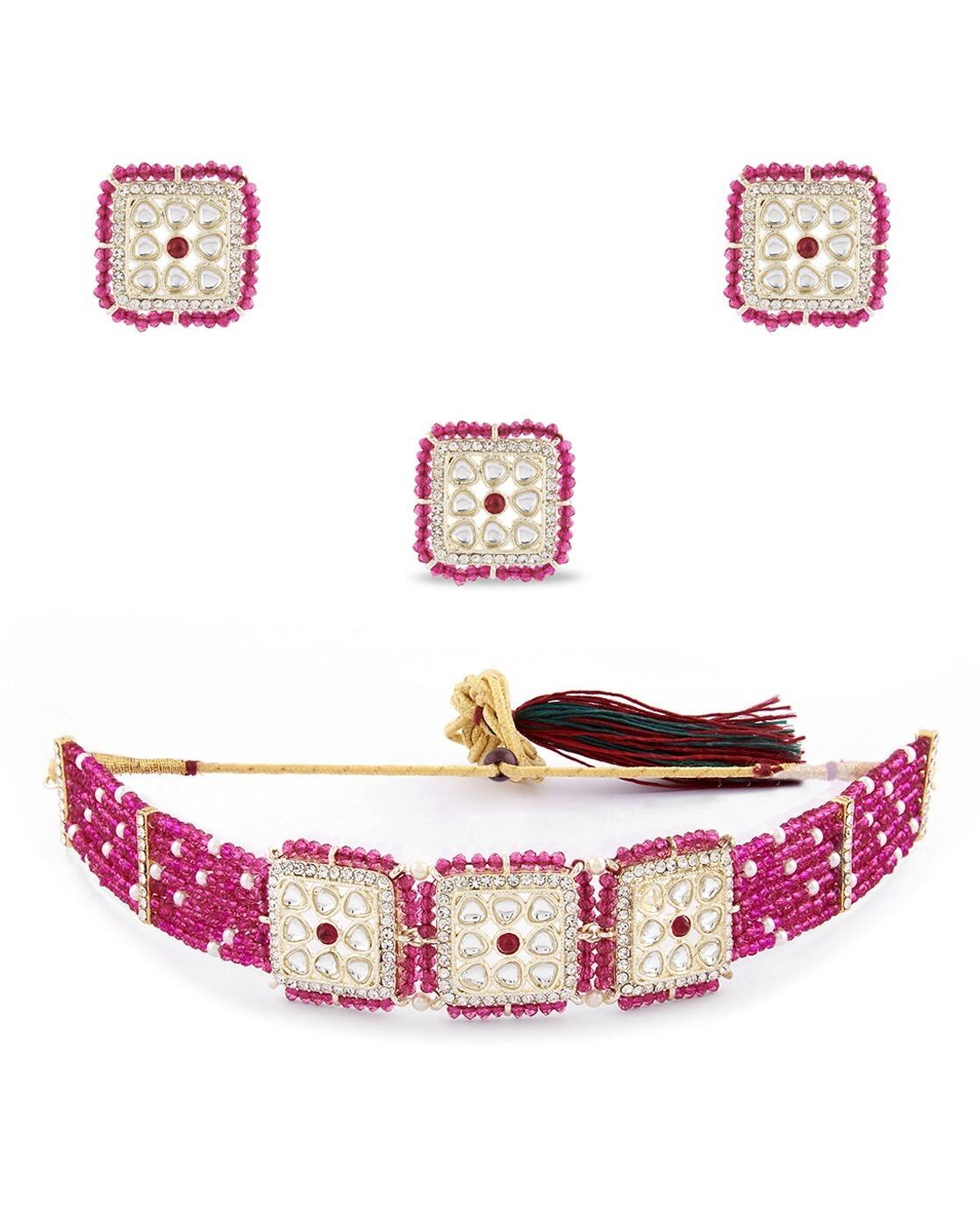 アクセサリー pon ZAVERI PEARLS Pink Purple Stones Embellished Kundan Necklace