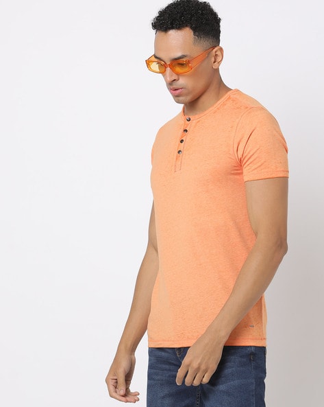 orange henley men's shirt