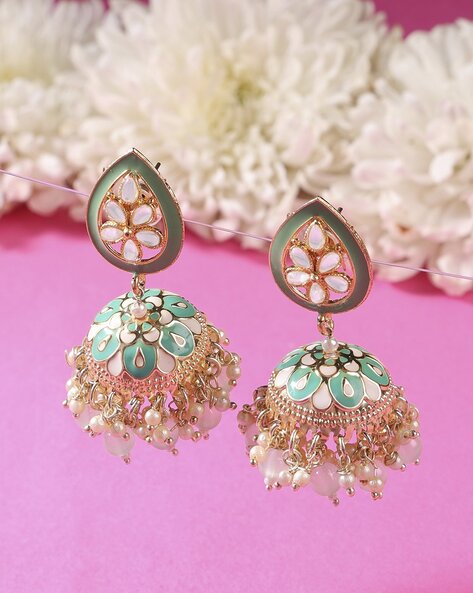 Buy Fabula Green & Pink Meenakari Enamel & Kundan Long Jhumka Earrings  Online