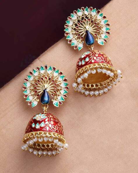 Bloomed Kundan Floral Jhumkas with Pearl Hanging – Curio Cottage