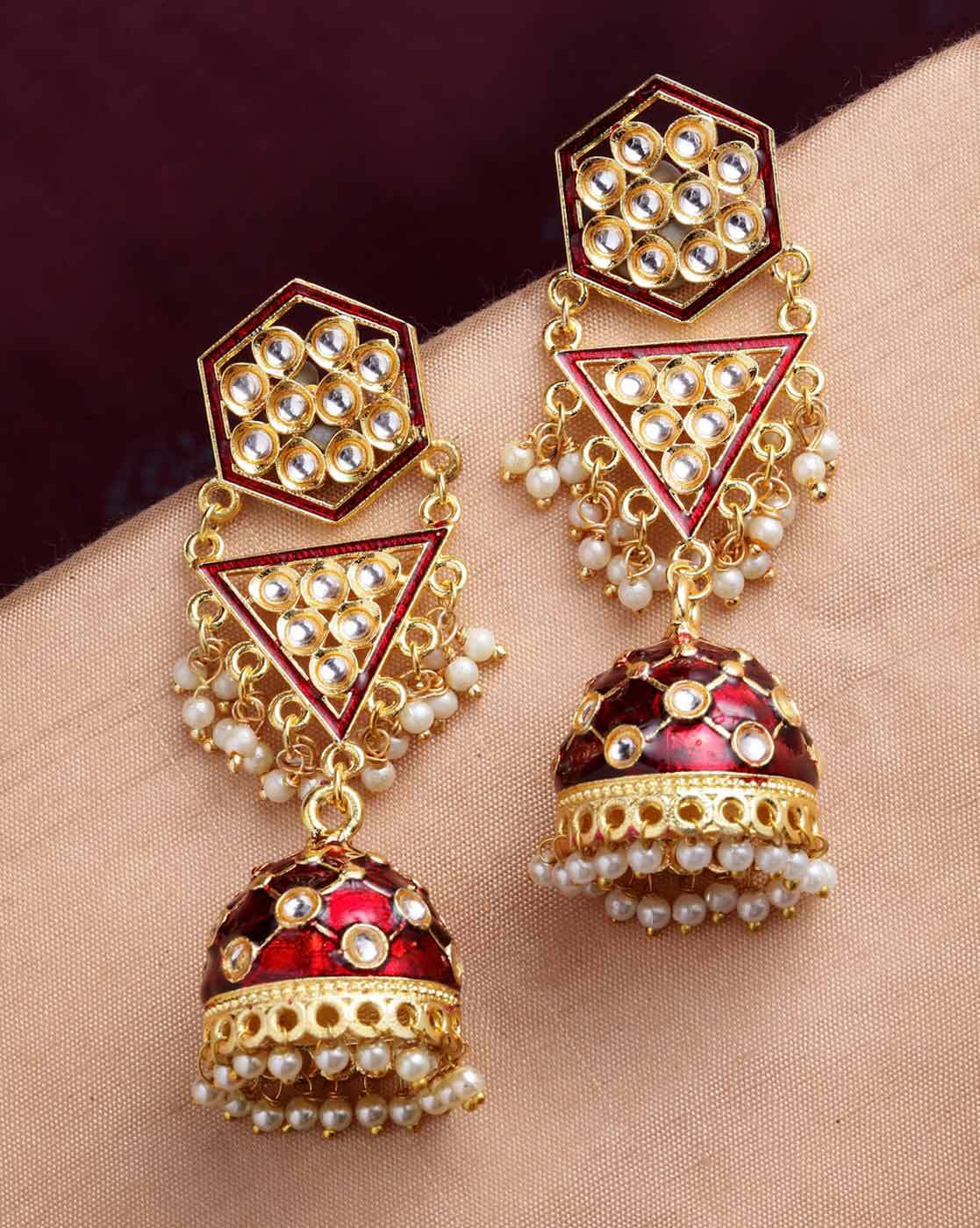 Maroon golden beads heavy jhumka earrings for women – Rainvas