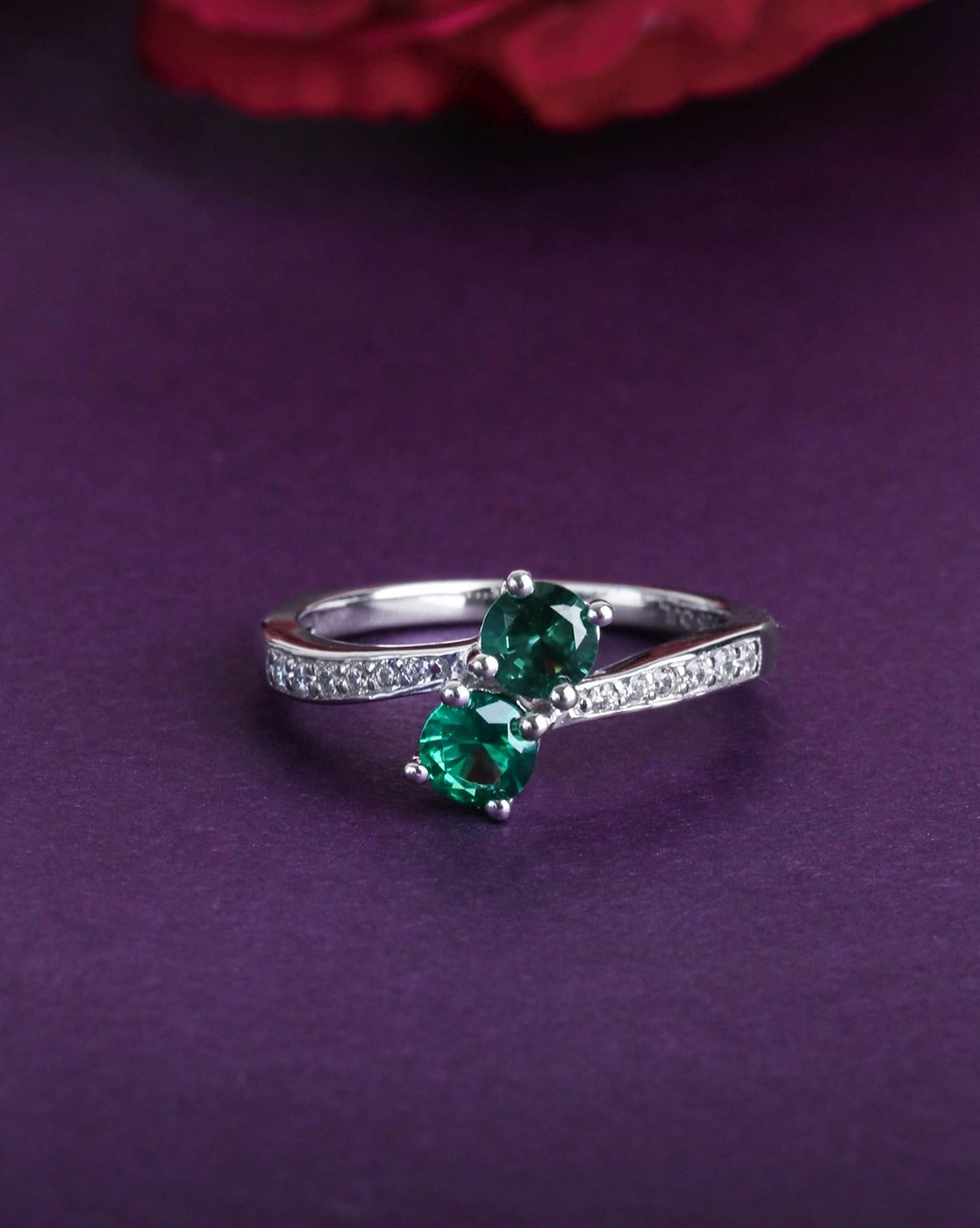 Sterling Silver Rhodium-plated Simulated Emerald Green Glass and CZ Ring -  Quality Gold