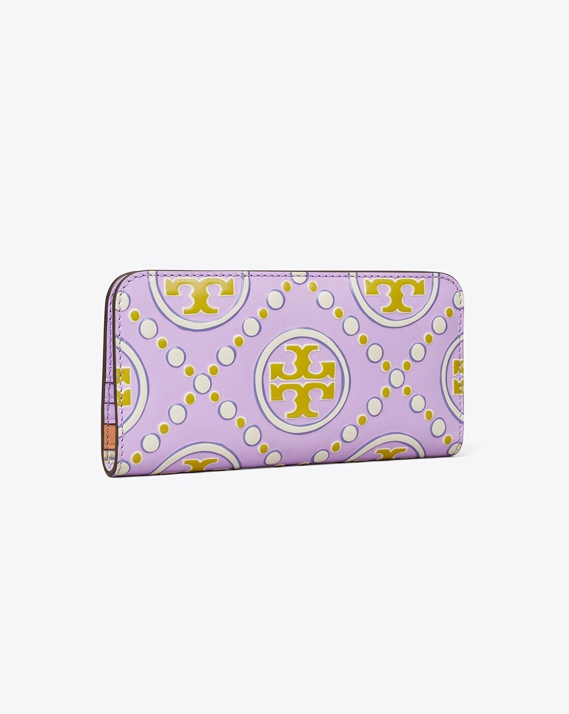 T Monogram Contrast Embossed Zip Slim Wallet