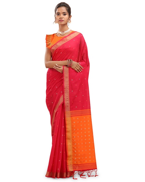 Banarasee Organza Mix Saree With Silver Zari Buta & Border-Pink