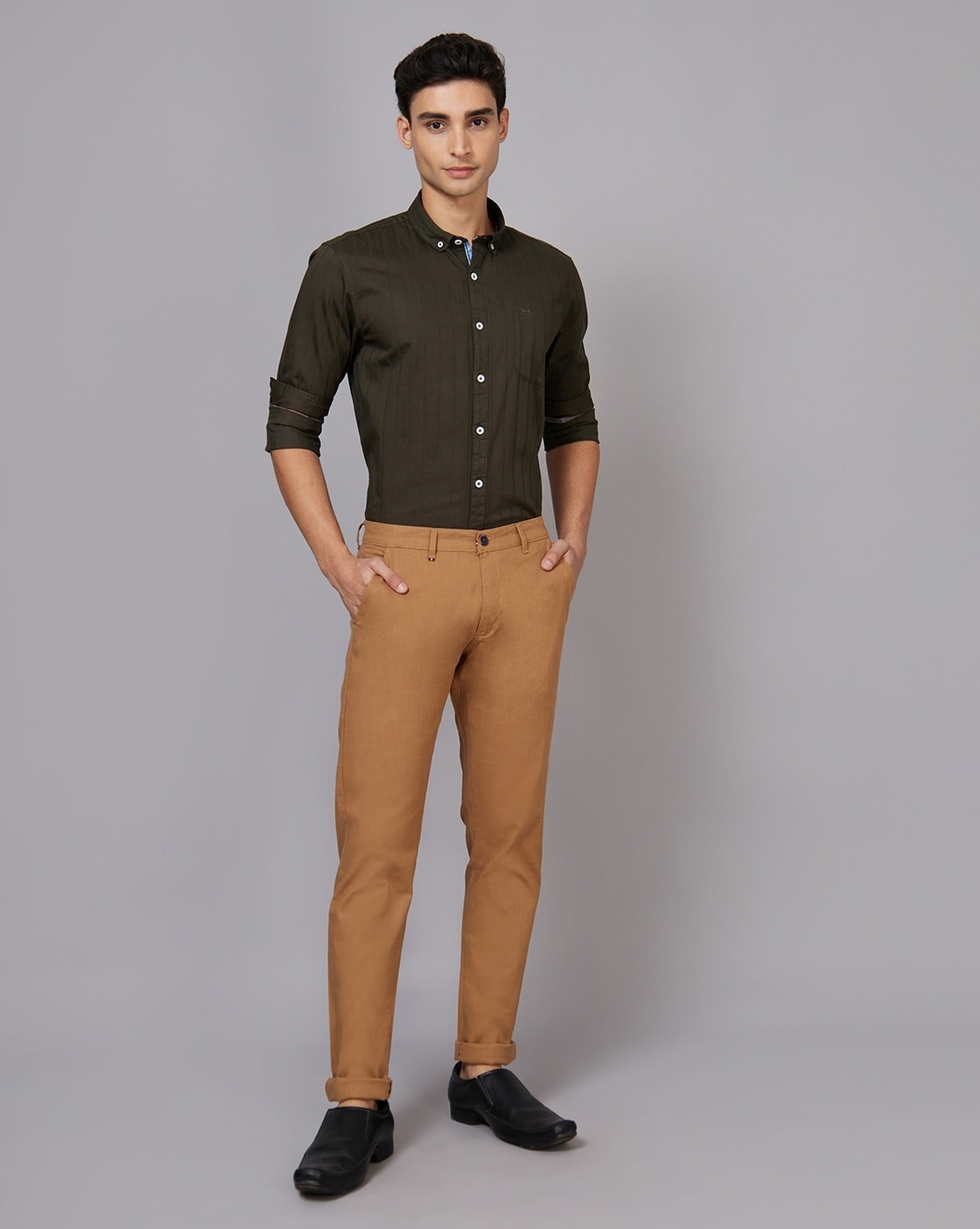 Brown Pants, Blue Shirt | Dark blue dress shirt, Brown pants men, Dark blue  shirt