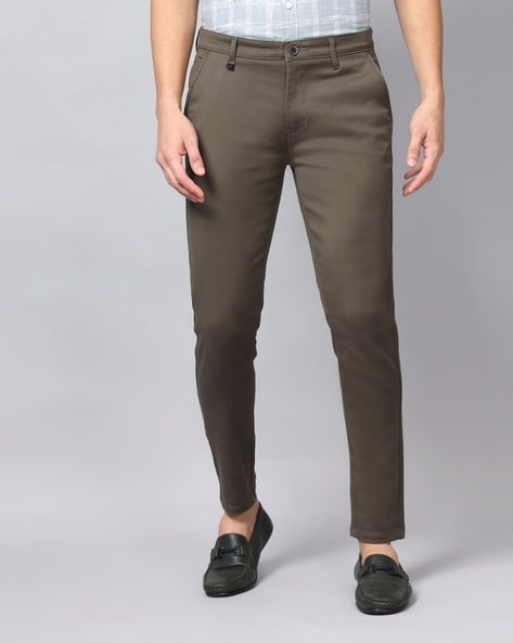 Men Dark Olive Solids Pure Cotton Slim Fit Formal Trouser