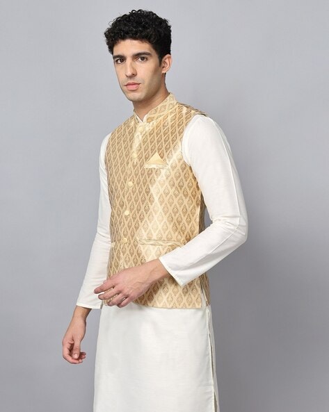 New Designer Men Blue Brocade Nehru Jacket With Golden Work By Treemoda -  Treemoda - 3987125