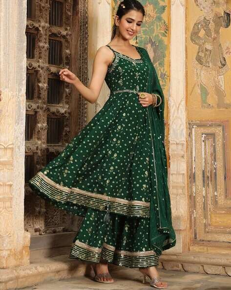 DESIGNER DARK GREEN PRINTED ORGANZA ANARKALI SUIT INDIAN SALWAR DRESS  BD2748 | eBay