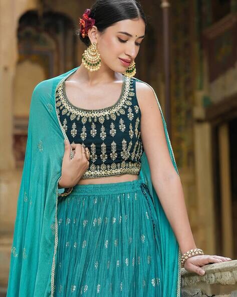 Sea Green Embroidered Lehenga Set Design by Ajiesh Oberoi at Pernia's Pop  Up Shop 2024