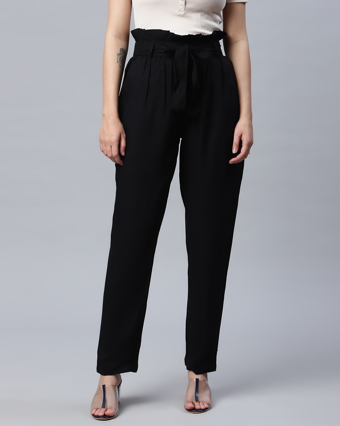 Black Paperbag Crepe Tie Waist Trousers  Trousers  Select UK
