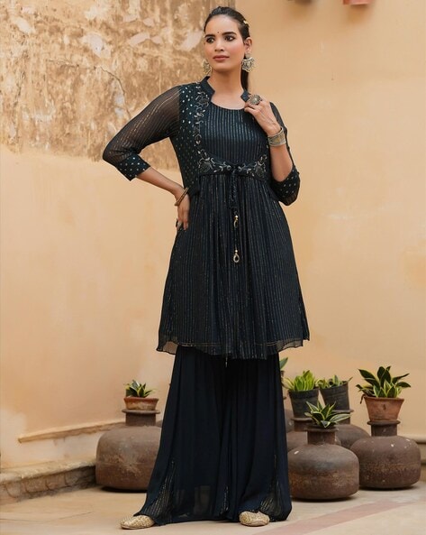 Buy Gold Organza Bridal Sharara Anarkali Set With Jacket KALKI Fashion India