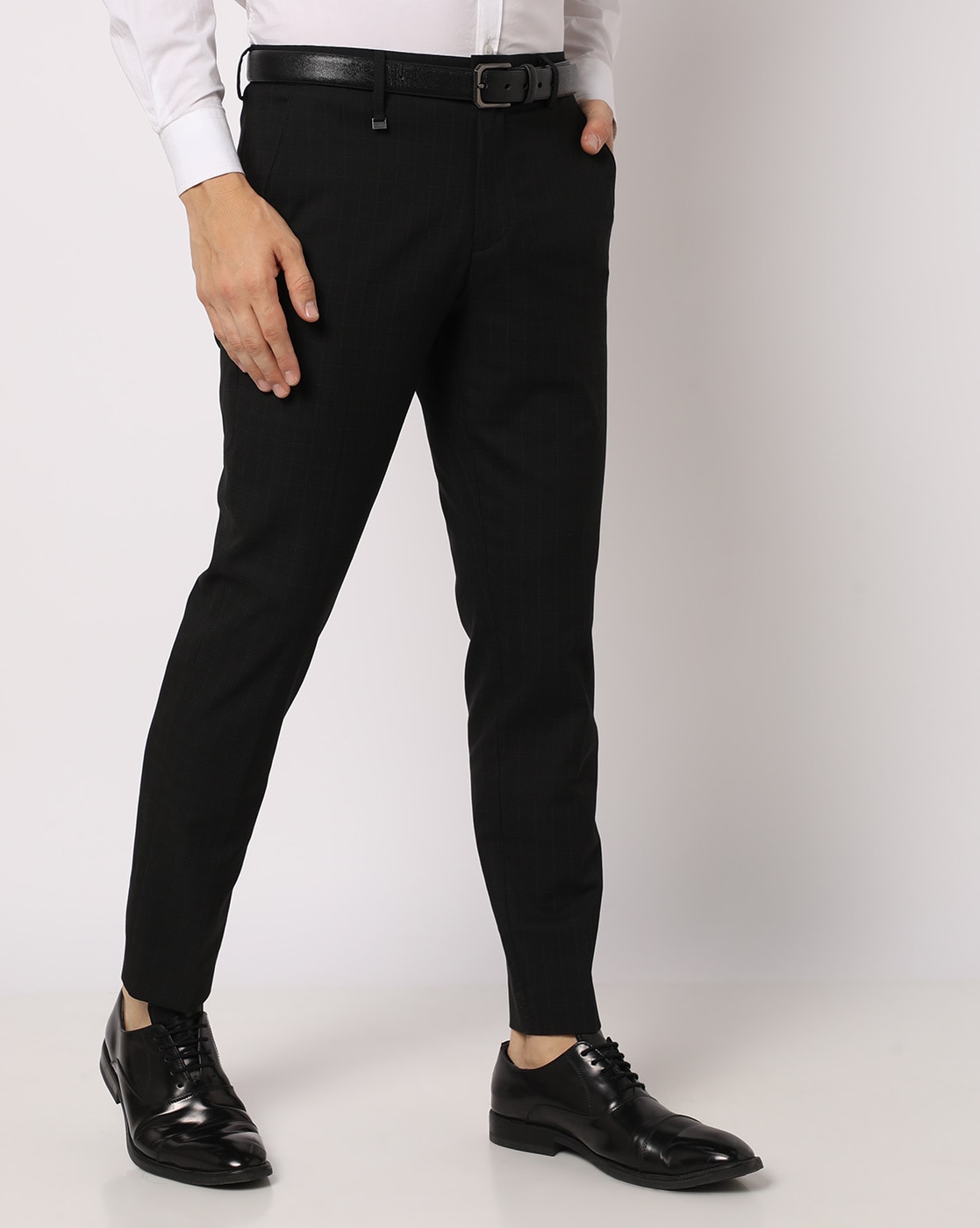 Buy Van Heusen Black Skinny Fit Checks Flat Front Trousers for Mens Online   Tata CLiQ
