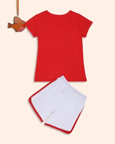 Buy Online Girls White & Red Printed T-Shirt With Short Pants