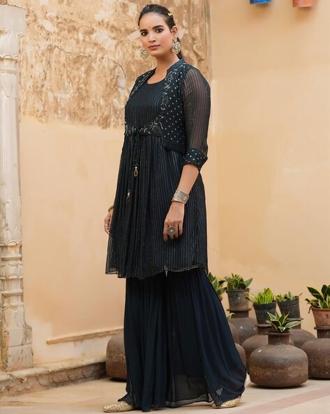 Prussian Blue Georgette Indo Western Sharara Suit with Sequins...