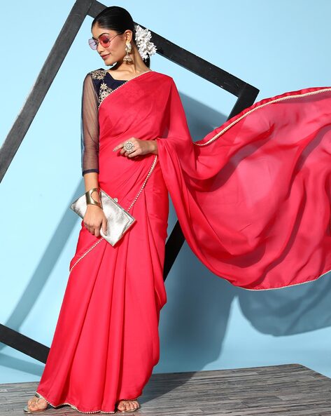 Peach Plain Satin Stones Work Saree