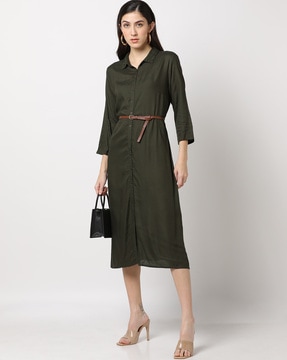 Lucky Brand Shirt Dress Womens XS Olive Green Button Down Roll Tab Long  Sleeve