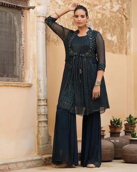 Blue Thread Embroidered Sharara Suit With Dupatta 4489SL02